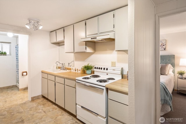 kitchen with light countertops, a sink, under cabinet range hood, and white electric range oven