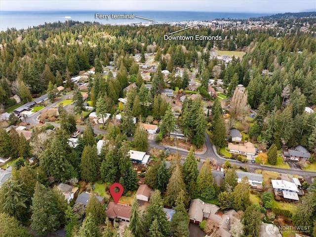 birds eye view of property featuring a water view and a wooded view