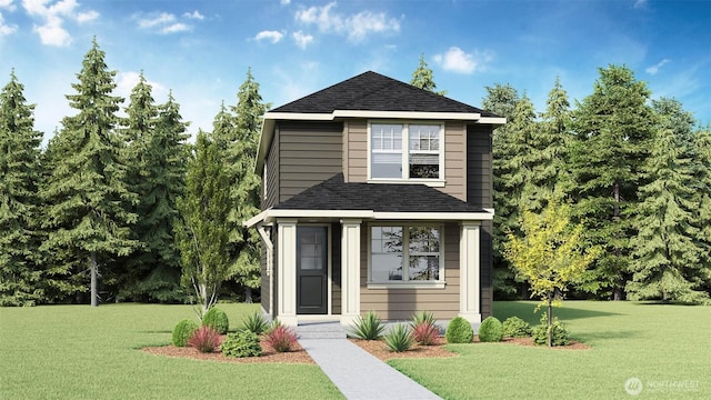 traditional home with roof with shingles and a front yard