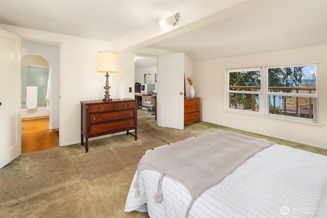 bedroom with arched walkways and light carpet