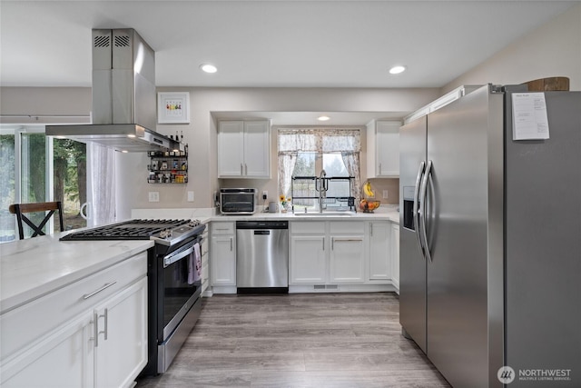 kitchen with white cabinets, island range hood, stainless steel appliances, and a sink