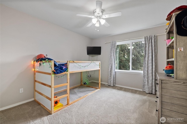 bedroom featuring carpet, ceiling fan, and baseboards