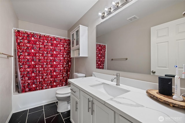 bathroom featuring shower / bath combination with curtain, visible vents, toilet, vanity, and tile patterned floors