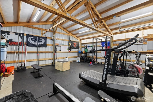 exercise room with a garage, lofted ceiling, and metal wall