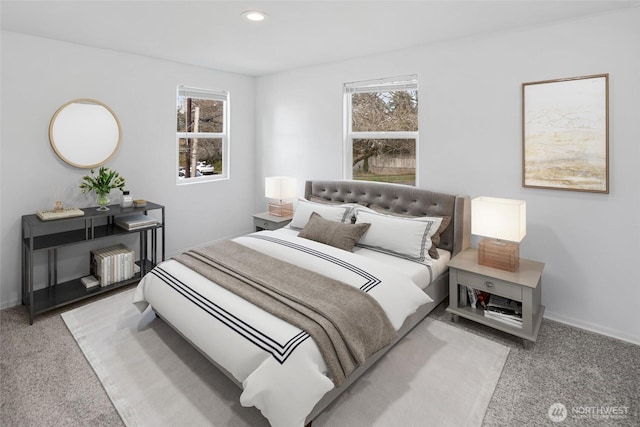 carpeted bedroom with recessed lighting, multiple windows, and baseboards