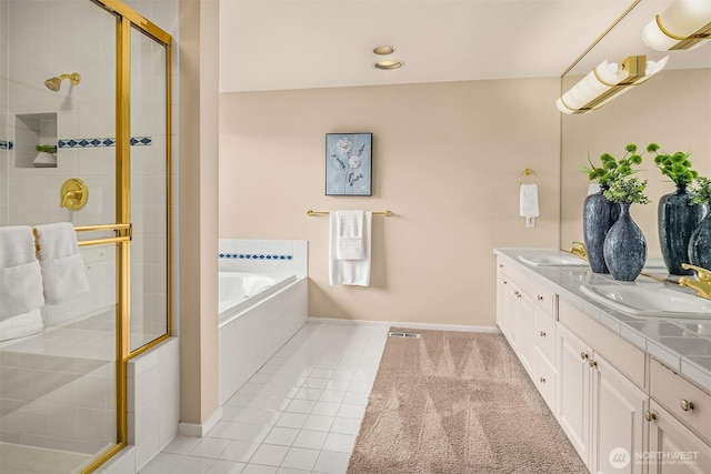 9330 SE Shoreland Dr, Bellevue, WA 98004 - full bath featuring a tile shower, tile patterned flooring, a sink, and a bath