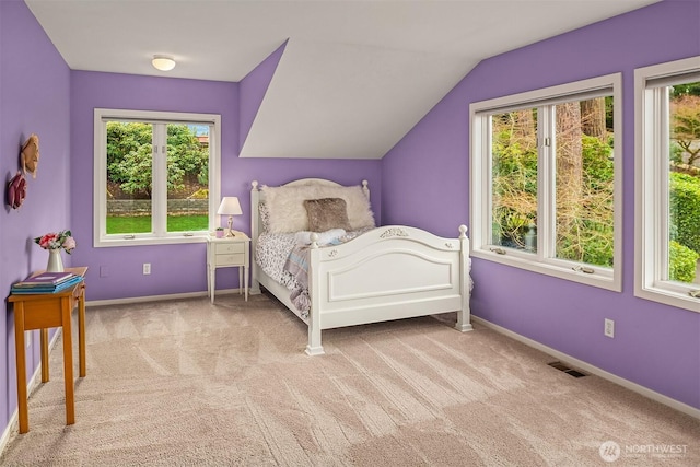 9330 SE Shoreland Dr, Bellevue, WA 98004 - bedroom featuring visible vents, baseboards, vaulted ceiling, and light colored carpet