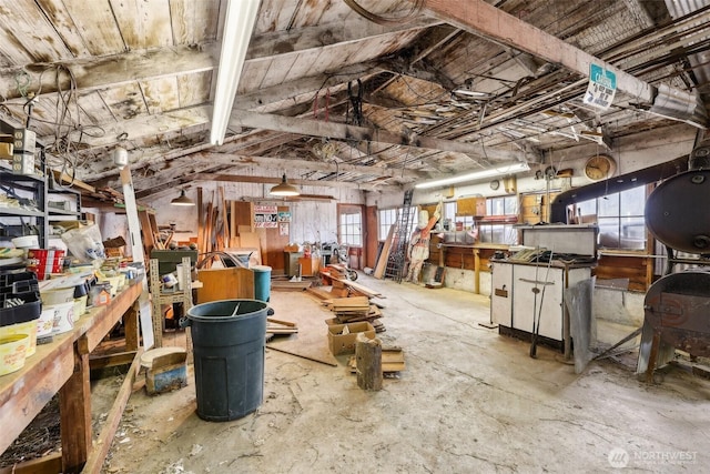 miscellaneous room with vaulted ceiling and a workshop area