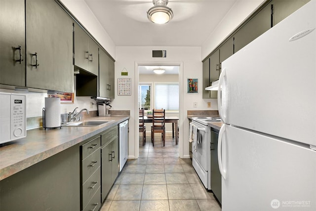 kitchen with white appliances, light tile patterned floors, visible vents, under cabinet range hood, and a sink