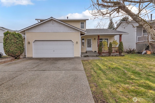 traditional-style house with a shingled roof, concrete driveway, an attached garage, covered porch, and a front lawn