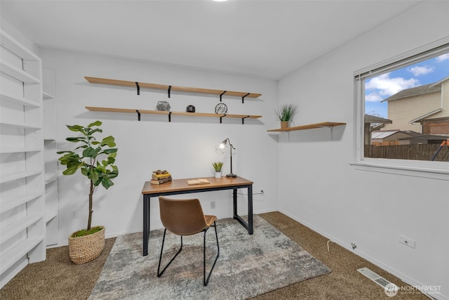 office with carpet floors, visible vents, and baseboards