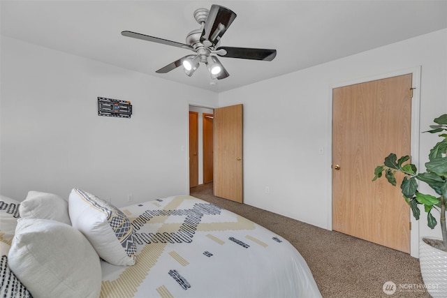 bedroom featuring a ceiling fan and carpet flooring