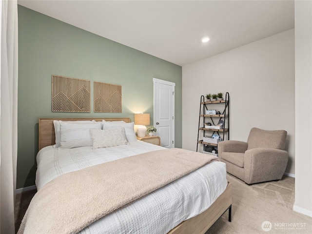 bedroom with carpet, baseboards, and recessed lighting