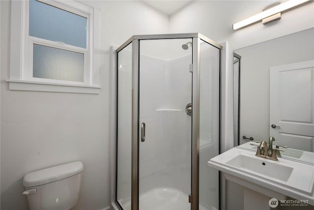 bathroom with toilet, a shower stall, and a sink