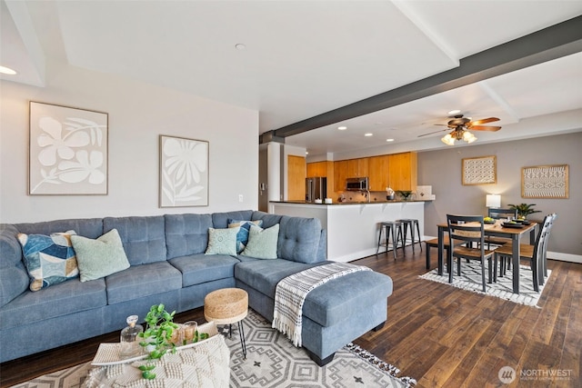 living area featuring beamed ceiling, dark wood-style floors, recessed lighting, baseboards, and ceiling fan