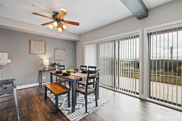 dining space with ceiling fan, baseboards, and wood finished floors