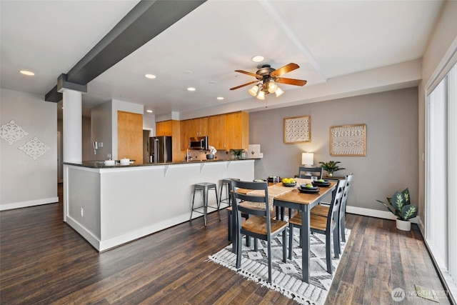 dining space featuring dark wood-style floors, recessed lighting, baseboards, and ceiling fan