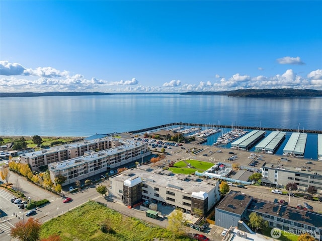 birds eye view of property with a water view