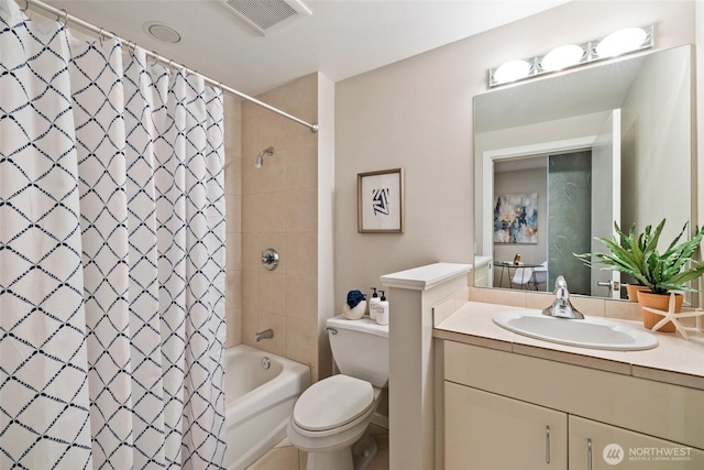 full bath with visible vents, shower / bath combination with curtain, toilet, and vanity