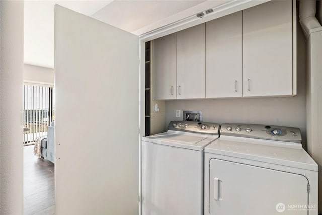 laundry room featuring cabinet space, washer and dryer, and wood finished floors