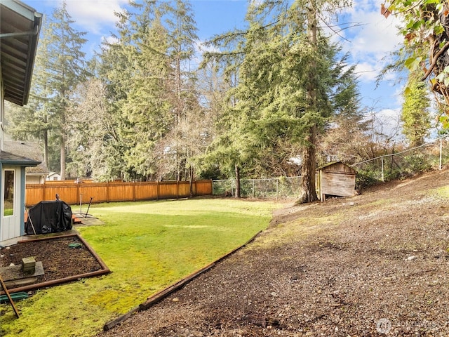 view of yard with an outbuilding, a fenced backyard, and a storage shed