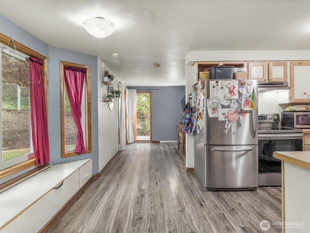 kitchen with stainless steel appliances, light countertops, light wood-style flooring, and under cabinet range hood