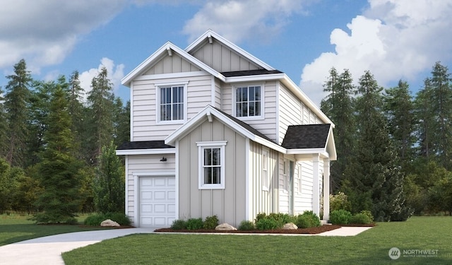 traditional home featuring driveway, roof with shingles, board and batten siding, and a front yard