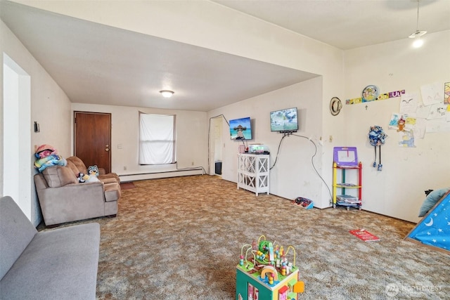 living area featuring carpet and a baseboard radiator