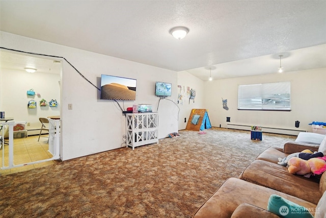 playroom featuring a textured ceiling, baseboard heating, and carpet flooring