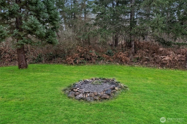 view of yard featuring an outdoor fire pit