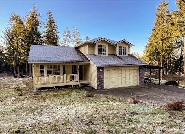 split level home featuring brick siding, a shingled roof, a garage, a carport, and driveway