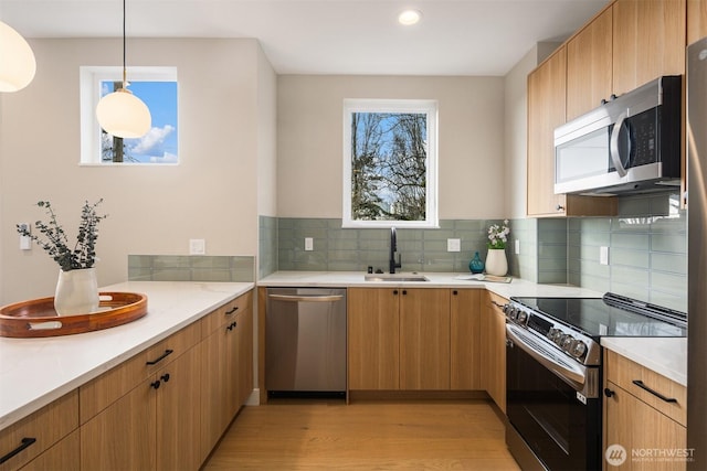 kitchen with light wood finished floors, decorative backsplash, stainless steel appliances, and a sink