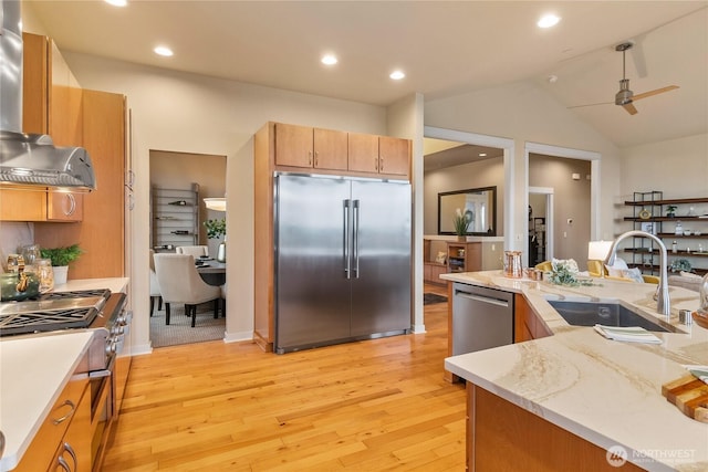 kitchen featuring light wood-type flooring, vaulted ceiling, appliances with stainless steel finishes, wall chimney exhaust hood, and a sink