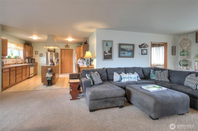 living room with light colored carpet