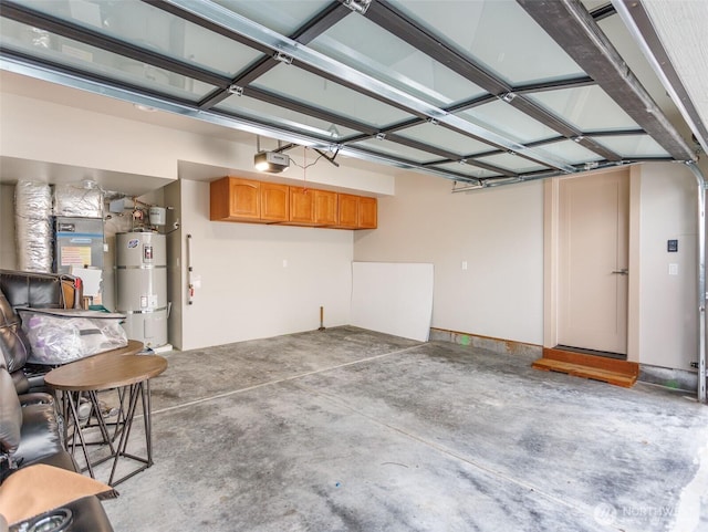 garage with heating unit, water heater, and a garage door opener