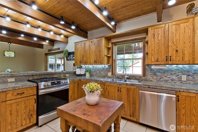 kitchen with tile countertops, wood ceiling, appliances with stainless steel finishes, a sink, and backsplash