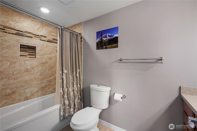 bathroom featuring shower / bathtub combination with curtain, toilet, and vanity