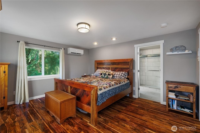 bedroom featuring a wall mounted AC, recessed lighting, wood finished floors, and baseboards