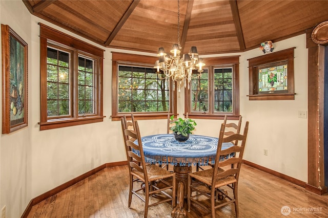 dining room featuring a wealth of natural light, wooden ceiling, vaulted ceiling with beams, and light wood-style flooring