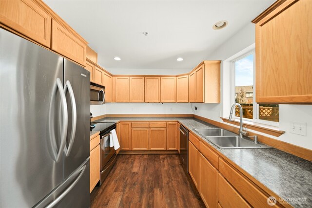 kitchen with dark wood-type flooring, stainless steel appliances, a sink, and light brown cabinetry