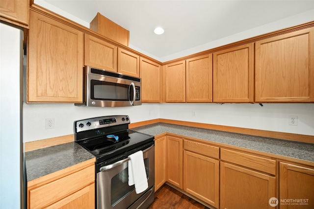 kitchen featuring appliances with stainless steel finishes, dark countertops, and recessed lighting