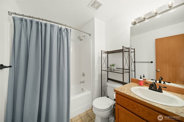 full bath featuring toilet, vanity, shower / bath combination with curtain, and visible vents