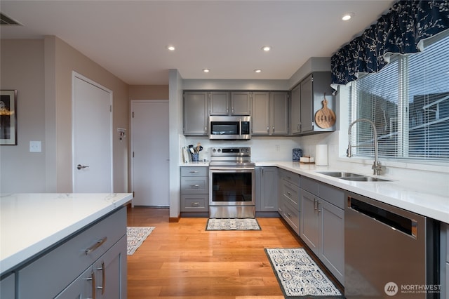 kitchen featuring gray cabinetry, stainless steel appliances, a sink, light wood-style floors, and backsplash