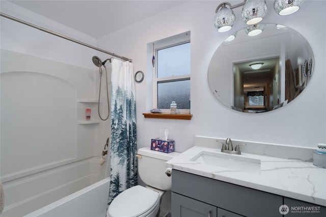 full bath featuring toilet, vanity, and shower / tub combo with curtain