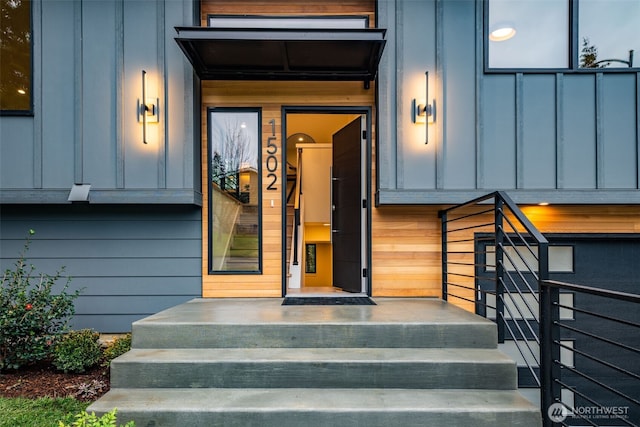 entrance to property with board and batten siding