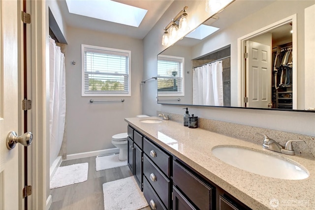 full bathroom with toilet, a skylight, baseboards, and a sink