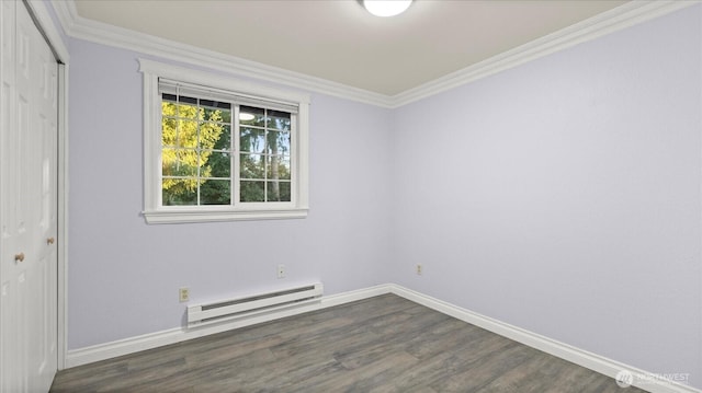 empty room featuring baseboards, a baseboard radiator, dark wood finished floors, and crown molding