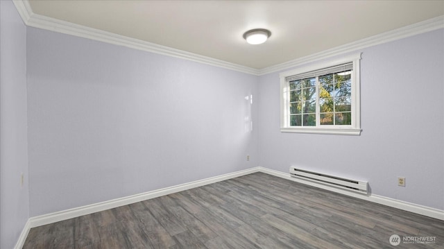 empty room featuring dark wood-style floors, a baseboard radiator, baseboards, and crown molding