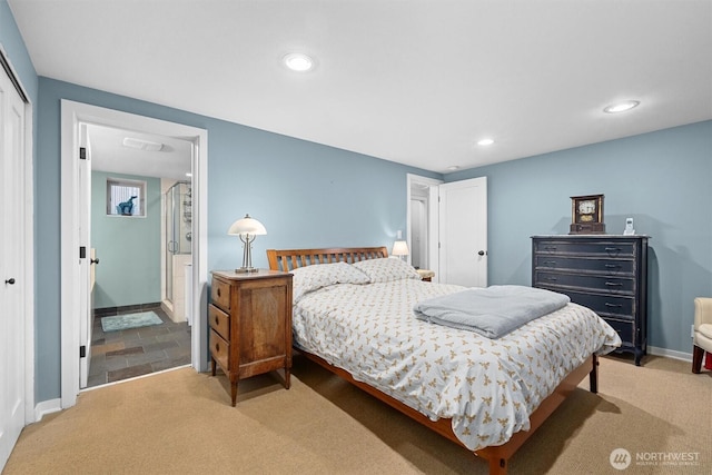 carpeted bedroom featuring baseboards, a closet, and recessed lighting