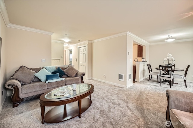 living room featuring visible vents, baseboards, light colored carpet, and crown molding